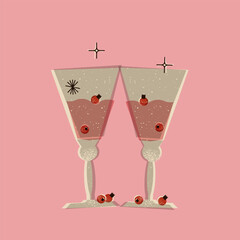 Two beautiful crystal glasses with berries in a geometric style. Vector holiday illustration, card, print, design elements