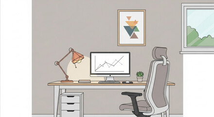 Illustration of a modern home office setup with a desk, computer, chair, and window, creating a productive and comfortable workspace for remote work