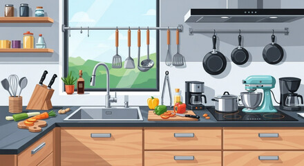 Illustration of a wellequipped kitchen with utensils, appliances, and fresh ingredients, creating a culinary space for cooking and food preparation