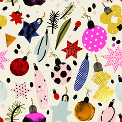 Christmas seamless pattern with tree toys in vector. Stylish background, print, design