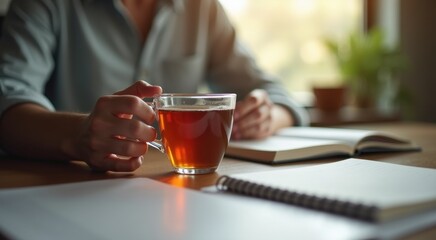 Someone is holding a cup of tea and a notebook on a table