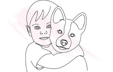 Minimalist continuous line drawing a child hugging a dog with  brush strokes Single line