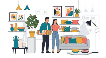 Couple shopping for home decor items in a furniture store, browsing shelves with vases, pillows, and artwork interior design and lifestyle concept