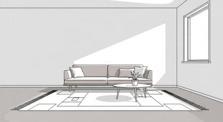 A cozy living room interior design with a sofa, rug, and window, creating a bright and inviting space, perfect for relaxation and modern living, sketch style