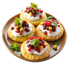 Four appetizers with cream cheese and pomegranate on a plate isolated on transparent background