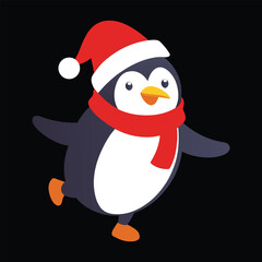 Cute cartoon penguin wearing a santa hat and red scarf vector illustration