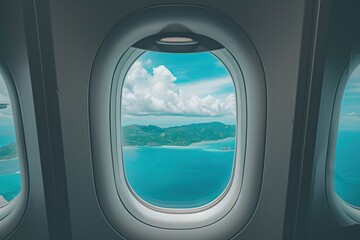 Fototapeta premium Large window see tropical islands airplane porthole vehicle.
