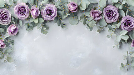 Lavender roses and eucalyptus branches arrange beautifully on a soft gray background for decorations