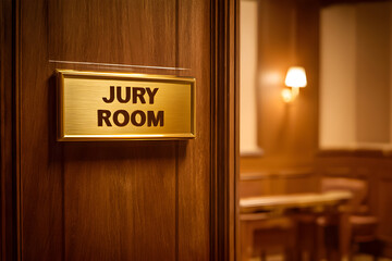 Jury room entrance in a courthouse showing a warm wooden interior and a table