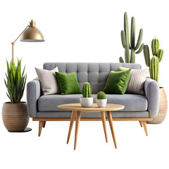 Modern living room with sofa and plants isolated on transparent background