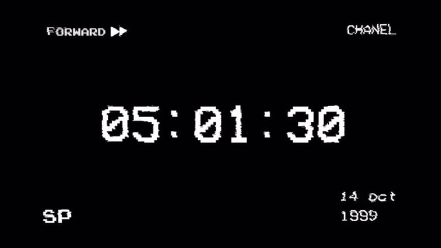 Vintage VHS Timecode Screen Overlay Loop with Glitch and Scan Lines. Analog VCR Playback Effect Background