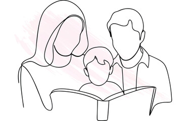 Minimalist continuous line drawing a family reading a book together Single line parents