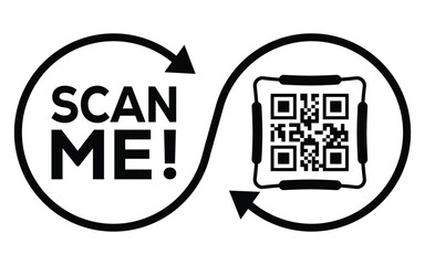 A black and white vector graphic featuring two interconnected circles: one with the call-to-action "SCAN ME!" and the other containing a QR code. The design forms an infinity loop.