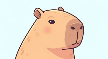 Naklejka premium Close-up cartoon illustration of a capybara's head against a light blue background, showcasing its gentle expression and distinctive features.