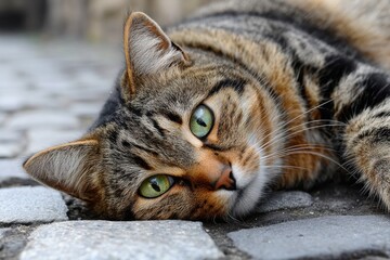 Three Legged Cat Portrait. Tabby Domestic Cat Resting on Sidewalk