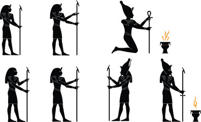 Obraz premium Ancient Egyptian God and Pharaoh Silhouettes with Staffs and Crowns, Representing Mythology, Ceremony, and Historical Rituals.