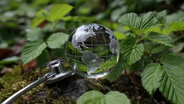 Glass globe etched with a world map beside a stethoscope on a mossy ground. Concept Global health symbolism, Stethoscope meets world map, Nature-inspired medical photography - Powered by Adobe