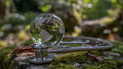 A stethoscope with a glass globe as the chest piece resting on a mossy rock in a forest. Concept Glass-globe stethoscope in forest, Mossy rock setting, Nature meets medical gear