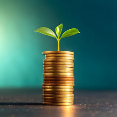 A small green plant growing from a stack of coins symbolizes financial growth and investment