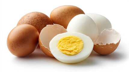 A collection of whole, shelled eggs and a halved, hard-boiled egg are displayed against a white backdrop. Clipping paths are included in the file for easy editing and isolation of the objects.
 
