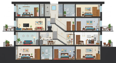 Naklejka premium Detailed crosssection of a modern apartment building showcasing interior design, furniture, and layout of various rooms, including bedrooms, living rooms, and kitchens