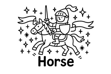 Fototapeta premium Doodle Knight Adventure. Doodle knight riding horse with stars, sparkles, and banners, center word “Horse” in black and white