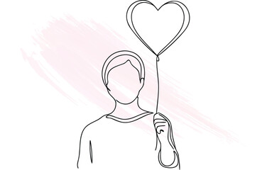 Minimalist line art a person holding a heart balloon with  brushstrokes Single line
