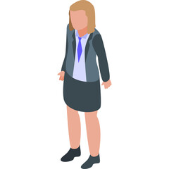 Isometric business woman in grey suit and blue tie standing on white background representing corporate professionalism and office attire in a minimalist digital art style.