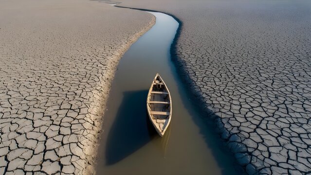 Cracked dry lakebed flanks a narrow winding waterway; a lone wooden boat sits in the channel's calm, reflective water. Concept Cracked lakebed, Winding waterway, Lone wooden boat - Powered by Adobe