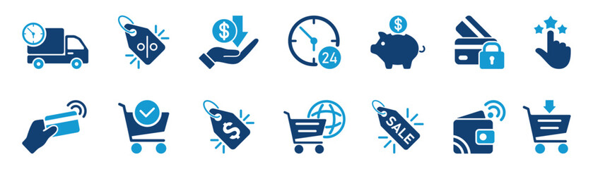 E-commerce icons color set, such as delivery, online shopping, store, secure payment and and more.