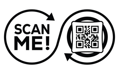 A black and white vector graphic featuring two interconnected circles: one with the call-to-action "SCAN ME!" and the other containing a QR code. The design forms an infinity loop.