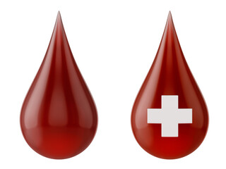 Obraz premium Two blood drop icons. Life, health, donation symbol. Red blood vital fluid closeup isolated, PNG backdrop. Medical research, healthcare emergency. 3D blood symbol, medicine liquid droplet icons