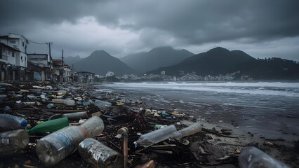 Polluted beach littered with bottles and debris under stormy skies, with a coastal town and misty mountains in the distance. Concept Polluted Beach with Bottles and Debris