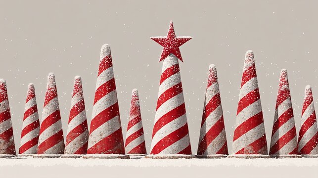 A festive holiday card idea: Imagine concrete fencing sections shaped like cones, decorated with red and white stripes for a candy cane effect. A digitally added star completes the Christmas scene.
 