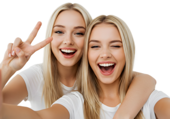 Two beautiful young twin sisters taking a selfie and smiling with peace sign