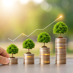 Growing money tree on stacked coins represents financial growth and investment success