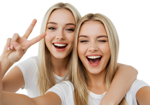 Two beautiful young twin sisters taking a selfie and smiling with peace sign