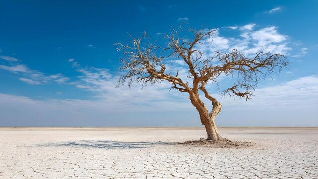 A lone, gnarled tree stands on cracked, parched earth under a clear blue sky. Concept Lone gnarled tree, Parched cracked earth, Clear blue sky, Solitude in nature, Stark landscape