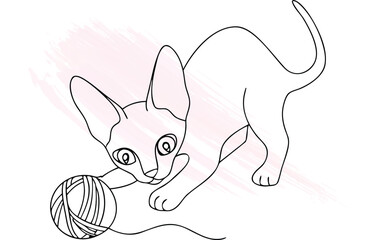 Minimalist line drawing a playful cat with a ball yarn Single line kitten playing