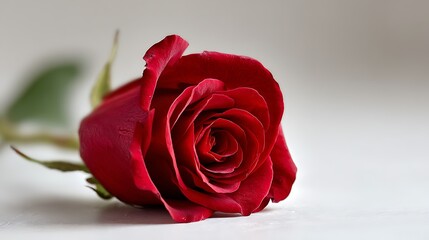 A close-up shot of a single red rose placed on a clean white surface, perfect for capturing elegance and romance.