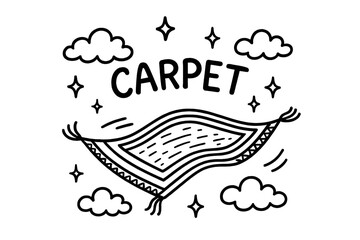 Flying Carpet Doodle. Doodle flying carpet with stars, clouds, and sparkles, center word &ldquo;Carpet&rdquo; in black and white isolated