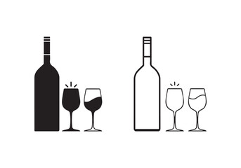 Wine bottle with wine glass outline icon, Minimal line design isolated on white background. Vector illustration