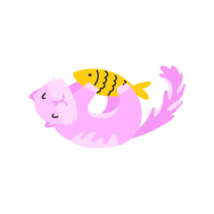 Vector illustration of a cute cat playing with a fish, perfect for stickers, clip art, and childrens drawings