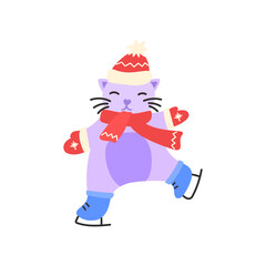 Vector illustration of a cute cat ice skating in winter wearing a hat and scarf. Perfect for stickers, clipart, holiday designs, and winter sports-theme