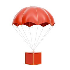 3D red parachute air-dropping a matching delivery box. Symbolizes fast shipping, express delivery, e-commerce, logistics, airdrop, gift.