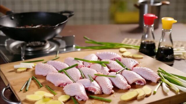 Fresh raw chicken wings arranged on a wooden cutting board with ginger slices and green onions. Soy sauce bottles and wok visible in the kitchen. Asian cooking preparation.
