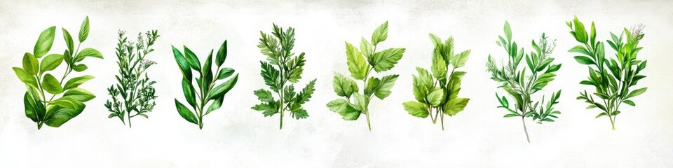 Fototapeta premium Fresh culinary herb collection on white background for kitchen decor and nature enthusiasts