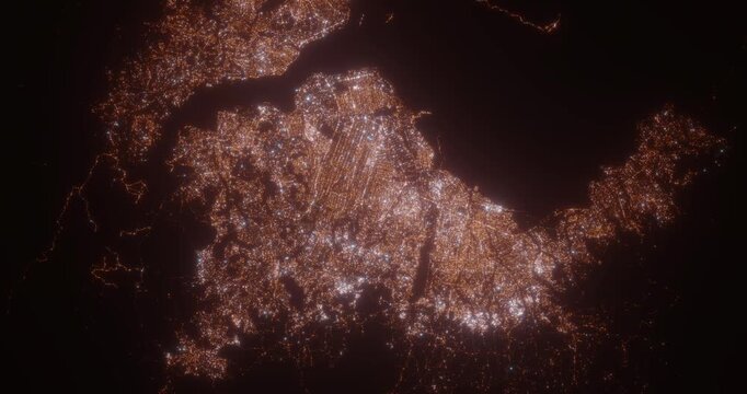 Kinshasa (Congo) aerial view at night. Top view on city from space. Camera is zooming in, rotating clockwise