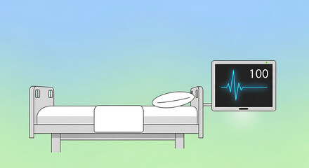 Empty hospital bed with digital monitor displaying heartbeat, empty hospital bed with patient absence and monitoring device. Vital signs, including heart rate,