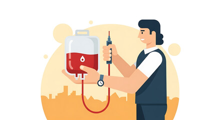 Blood donation process with doctor holding blood bag for transfusion. Blood donation setup includes patient receiving blood for transfusions and treatment,